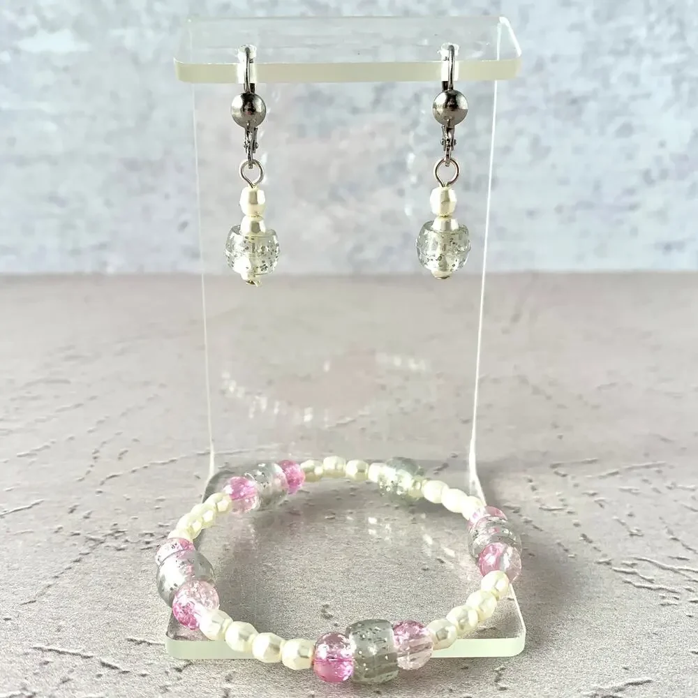 Glitter Princess - Glass Pearl Acrylic Beaded Stretch Bracelet and Earring Set - Picture 4 of 4